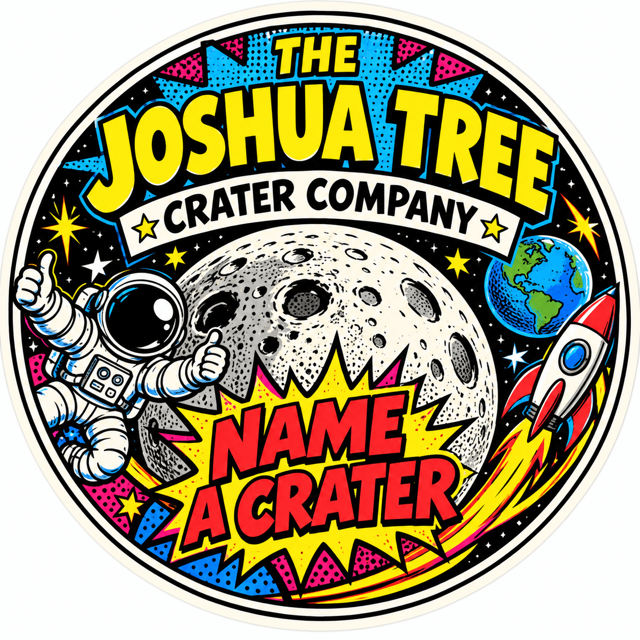 The Joshua Tree Crater Company sticker: an astronaut giving a thumbs up beside a halftone Moon, with the words Name A Crater