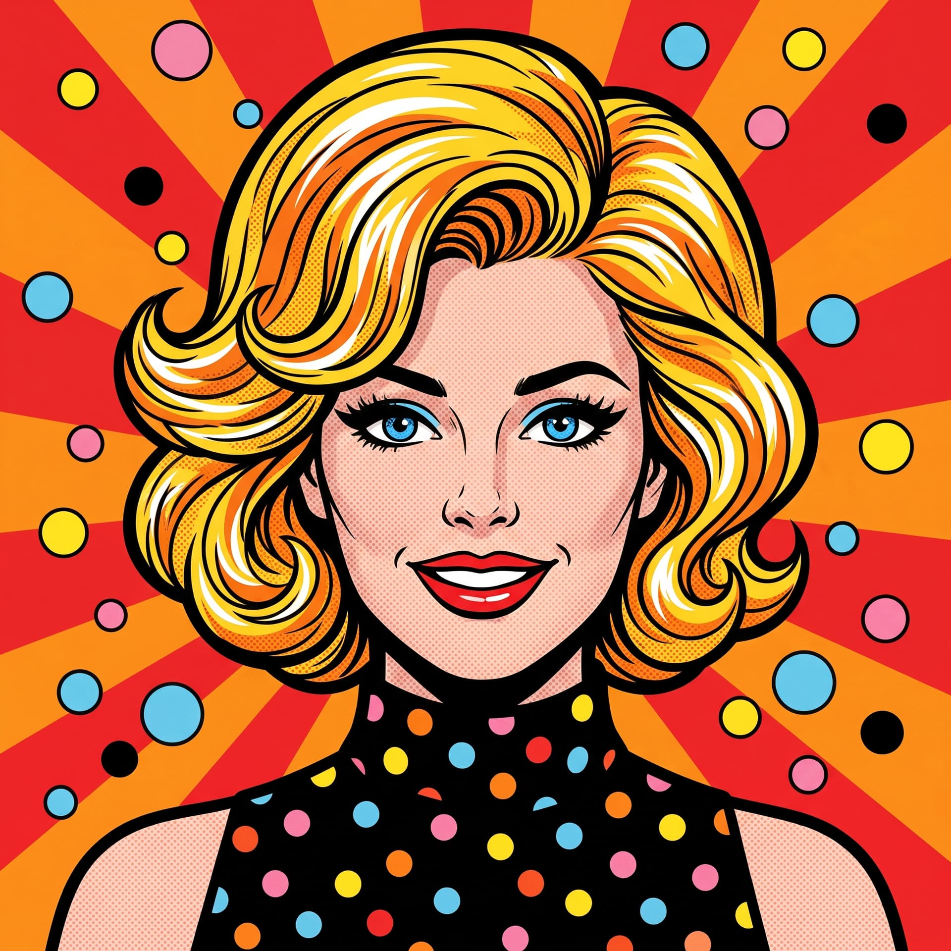 Pop-art comic portrait of Jane, smiling, with a blonde bob and a polka-dot top, in front of a red and orange sunburst